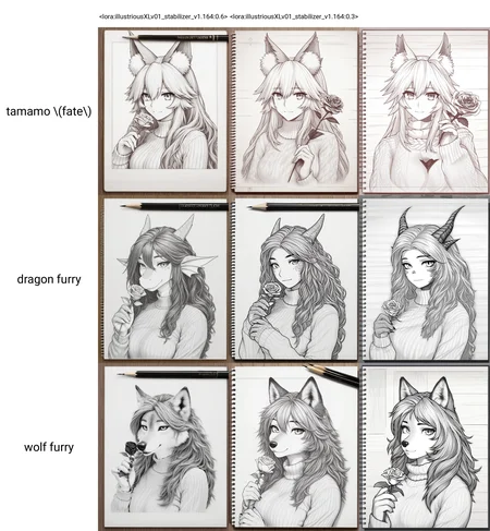 <lora:illustriousXLv01_stabilizer_v1.164:0.6>pencil art on notebook,pencil on wooden surface,1girl,tamamo \(fate\),light smile,long hair,sweater,portrait,holding rose flower,monochrome,masterpiece,