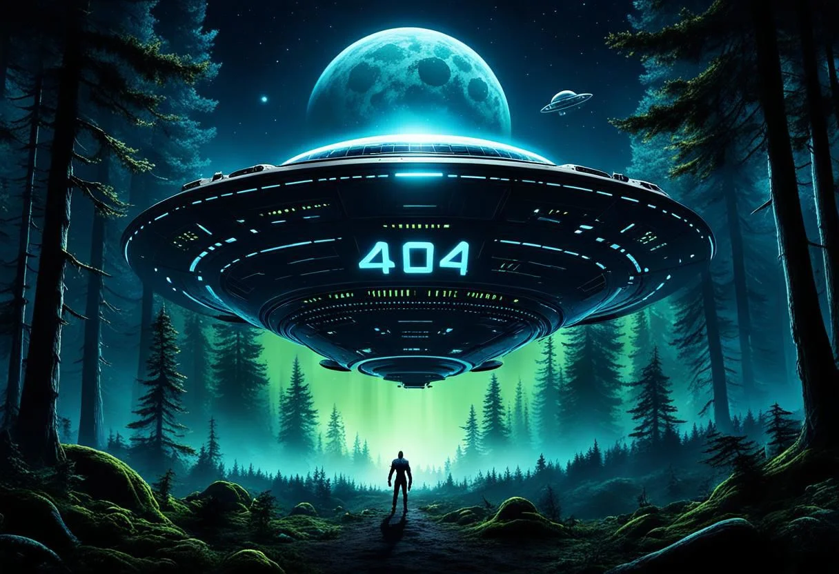 night, dark forest spaceship landing, alien, text "404" written on sky in big letters