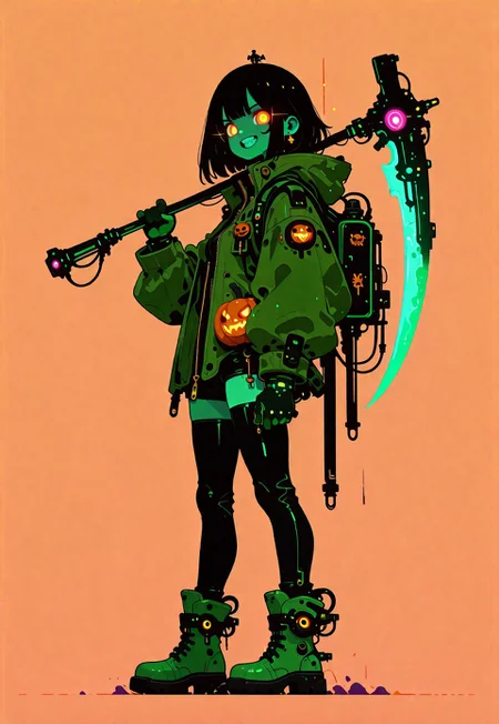 masterpiece,best quality,amazing quality, 1girl, solo, looking at viewer, simple background, long sleeves, gloves, thighhighs, holding, jacket, full body, weapon, boots, teeth, black gloves, black thighhighs, holding weapon, from side, glowing, glowing eyes, science fiction, zipper, halloween, green jacket, orange background, jack-o'-lantern, ankle boots, scythe, pumpkin, over shoulder, green footwear, green gloves, weapon over shoulder, holding scythe, haiz_ai, in the style of cknc,
Flatline, Flat vector illustration ,xxx667_illu,glowing