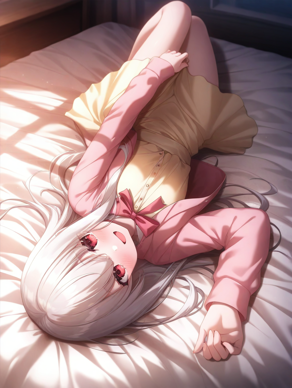masterpiece,best quality,amazing quality,very aesthetic,absurdres,newest,scenery,<lora:Sion_ilxl_v1-000010:0.8>,1girl,solo,red eyes,long hair,blush,smile,looking at viewer,open mouth,bow,ribbon,sion,on bed,white hair,lying,pink jacket,ribbon,yellow dress,