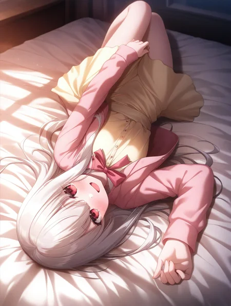 masterpiece,best quality,amazing quality,very aesthetic,absurdres,newest,scenery,<lora:Sion_ilxl_v1-000010:0.8>,1girl,solo,red eyes,long hair,blush,smile,looking at viewer,open mouth,bow,ribbon,sion,on bed,white hair,lying,pink jacket,ribbon,yellow dress,