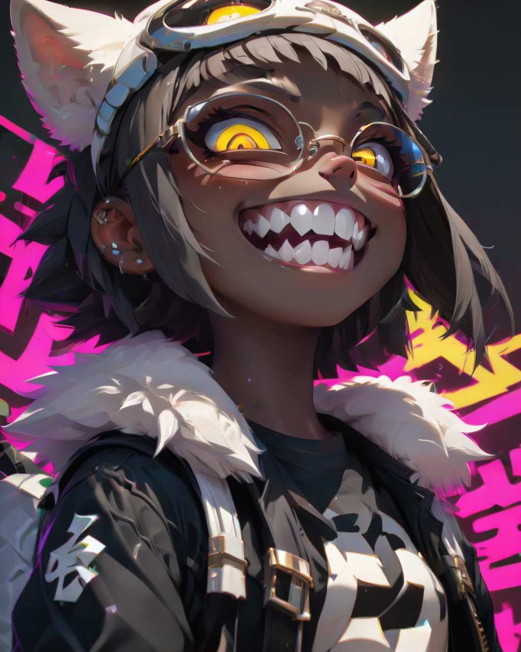 <lora:Punk_Anime_XL:1>,
smile, mole, black jacket, heterochromia, tinted eyewear, half-closed eyes, ear piercing, o-ring, fur trim, glowing, glowing eyes, shirt, backpack, pointy ears, white shirt, skirt, black serafuku, yellow background, bangs, dark skin