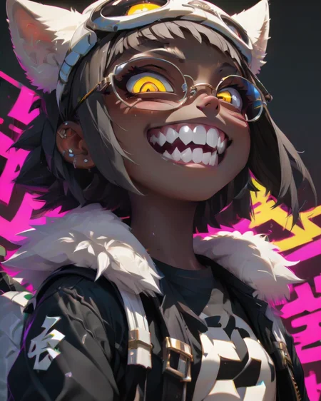<lora:Punk_Anime_XL:1>,
smile, mole, black jacket, heterochromia, tinted eyewear, half-closed eyes, ear piercing, o-ring, fur trim, glowing, glowing eyes, shirt, backpack, pointy ears, white shirt, skirt, black serafuku, yellow background, bangs, dark skin