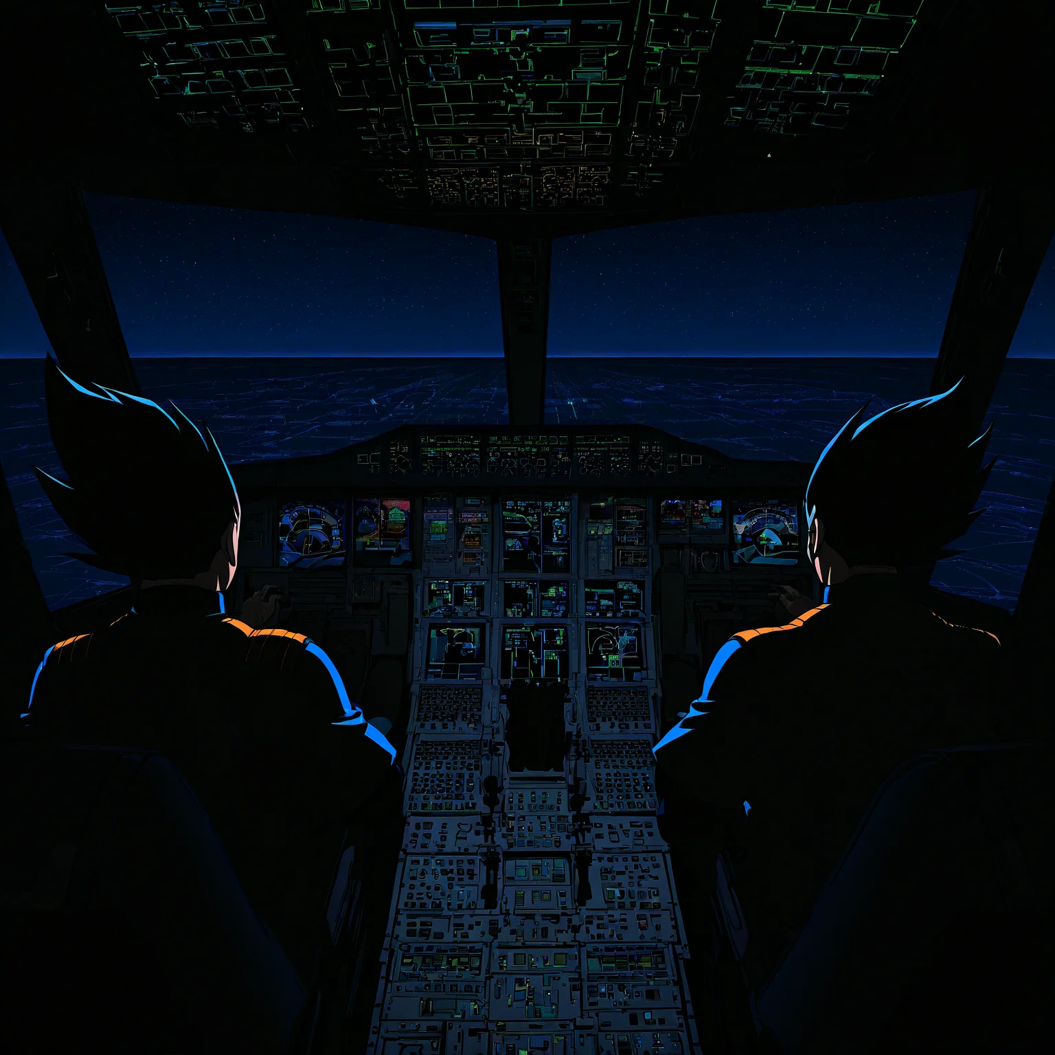 anime coloring,
<lora:[Concept - IL] A380 Cockpit (R2E10):1> a380cockpit, 
navigation display, overhead panel, thrust lever, wide shot, empty seats, 
from behind, goku, vegeta, 2boys, night,