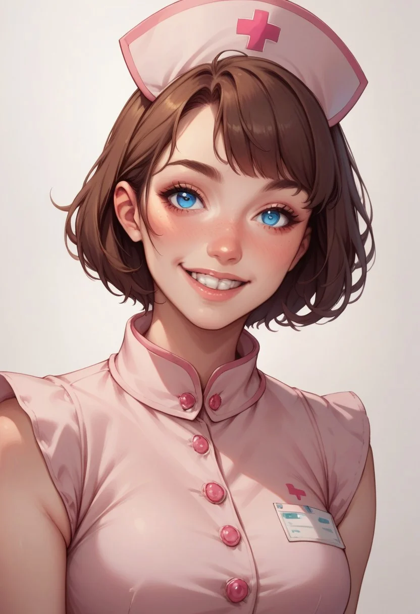 score_9, score_8_up, score_7_up, score_6_up,best quality anime, intricate details,
girl, puffy belly, deep blue eyes, nose blush, brown hair short hair with fringe,
wearing pink nurse dress with nurse cap,
dark blank background,
top view, closeup shot, smile, teeth, posing
