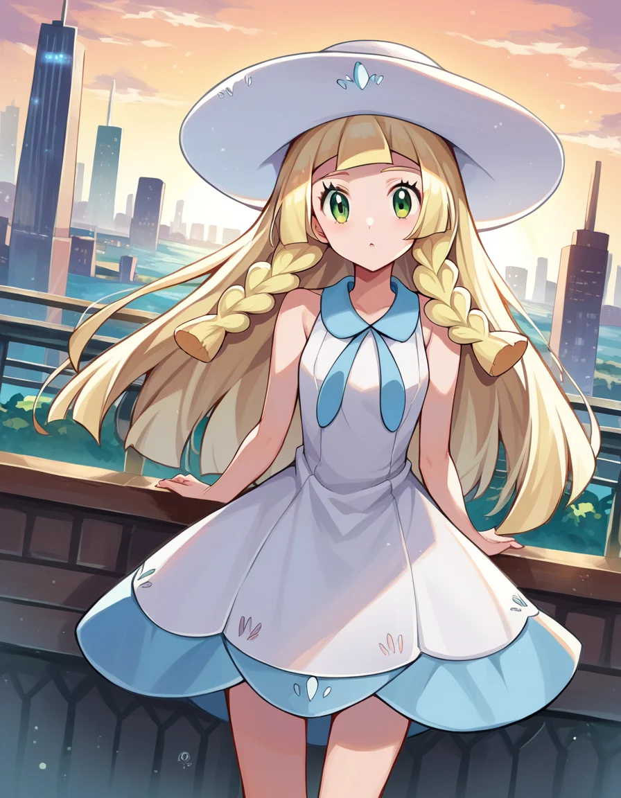 score_9, score_8_up, score_7_up, source_anime,
pokemonlilie, <lora:pokemon-lilie-ponyxl-lora-nochekaiser:1>
pokemonlilie, blonde hair, blunt bangs, green eyes, long hair,
braid, collared dress, dress, hat, sleeveless, sleeveless dress, sun hat, sundress, twin braids, white dress, white headwear,
outdoors, cityscape,
looking at viewer, cowboy shot, dutch angle,