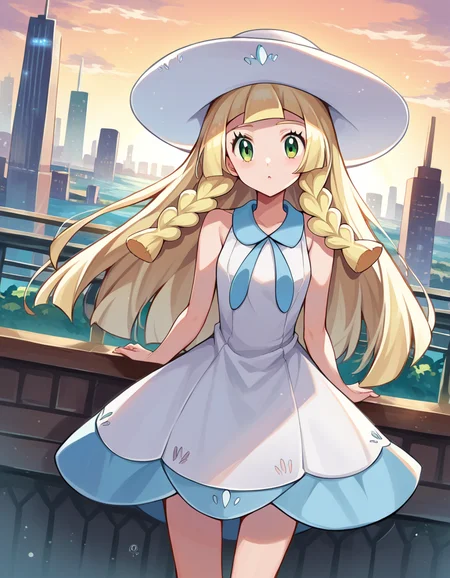 score_9, score_8_up, score_7_up, source_anime,
pokemonlilie, <lora:pokemon-lilie-ponyxl-lora-nochekaiser:1>
pokemonlilie, blonde hair, blunt bangs, green eyes, long hair,
braid, collared dress, dress, hat, sleeveless, sleeveless dress, sun hat, sundress, twin braids, white dress, white headwear,
outdoors, cityscape,
looking at viewer, cowboy shot, dutch angle,