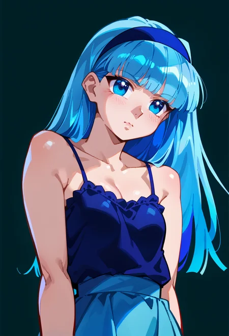 score_9, score_7_up, source_anime, BREAK <lora:AEFeguimel:1> <lora:AEUmi:0.9> AEUmiDef, blue eyes, blue hair, blunt bangs, long hair, blue hairband, sleeveless dress, spaghetti strap,