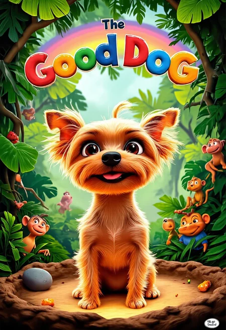 The image shows a vibrant, animated movie poster inspired by the whimsical style of a Pixar film, with a charming Yorkshire Terrier named Allab taking center stage. Allab, with her soft, golden fur and twinkling, expressive eyes, is depicted in a playful stance, ready to strike a pose. Instead of barking, she's wearing a mischievous grin, with her tiny, pink tongue peeking out. Behind her, a lush, verdant jungle unfurls, teeming with life - colorful birds, curious monkeys, and even a friendly, winking frog peeking from behind a giant leaf. The title, "The Good Dog," is written in bold, playful letters, reminiscent of Pixar's iconic typography, arching over Allab like a rainbow, with each letter subtly animated, as if wagging with life. Below, a warm, inviting glow emanates from a cozy, earthen burrow, hinting at the heartwarming adventures and lessons Allab, our unlikely hero, is about to embark on.