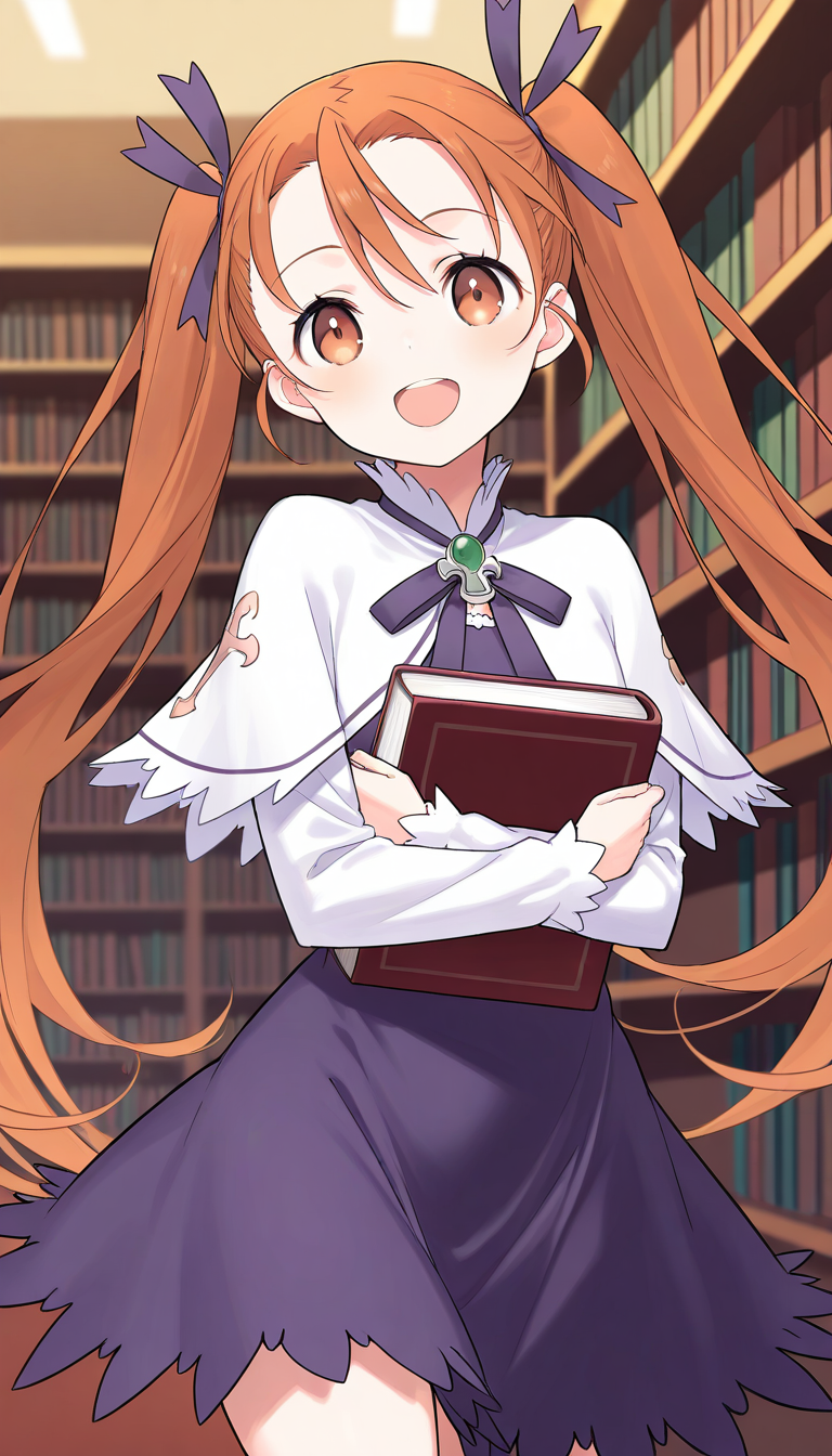 masterpiece, best quality, good quality, <lora:Aliese_Martini_IS:1> Aliese_Martini, 1girl, solo, twintails, long hair, brown eyes, hair ribbon, orange hair, brown hair, short stack,
 1girl, book, solo, smile, open mouth, ribbon, holding book, holding, looking at viewer, capelet, :d, skirt, long sleeves, purple dress,
library,