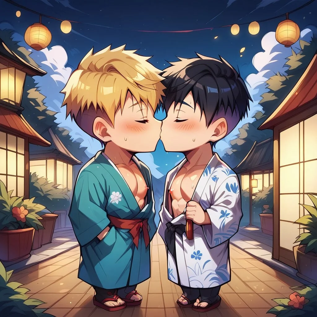 score_9, score_8_up, score_7_up, score_6_up, masterpiece, uncensored, best quality, amazing quality, best aesthetic, absurdres, intricate details, source_anime, yaoi, gay BREAK 2boys, 18 years old, blonde hair, black hair, pixie cut, red eyes, yellow eyes, pecs, nipples, kimono, revealing clothes BREAK kissing, closed eyes BREAK outdoors, Japanese festival, flower, lantern, night, heart, ch3b3sq4at