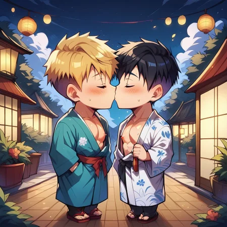 score_9, score_8_up, score_7_up, score_6_up, masterpiece, uncensored, best quality, amazing quality, best aesthetic, absurdres, intricate details, source_anime, yaoi, gay BREAK 2boys, 18 years old, blonde hair, black hair, pixie cut, red eyes, yellow eyes, pecs, nipples, kimono, revealing clothes BREAK kissing, closed eyes BREAK outdoors, Japanese festival, flower, lantern, night, heart, ch3b3sq4at