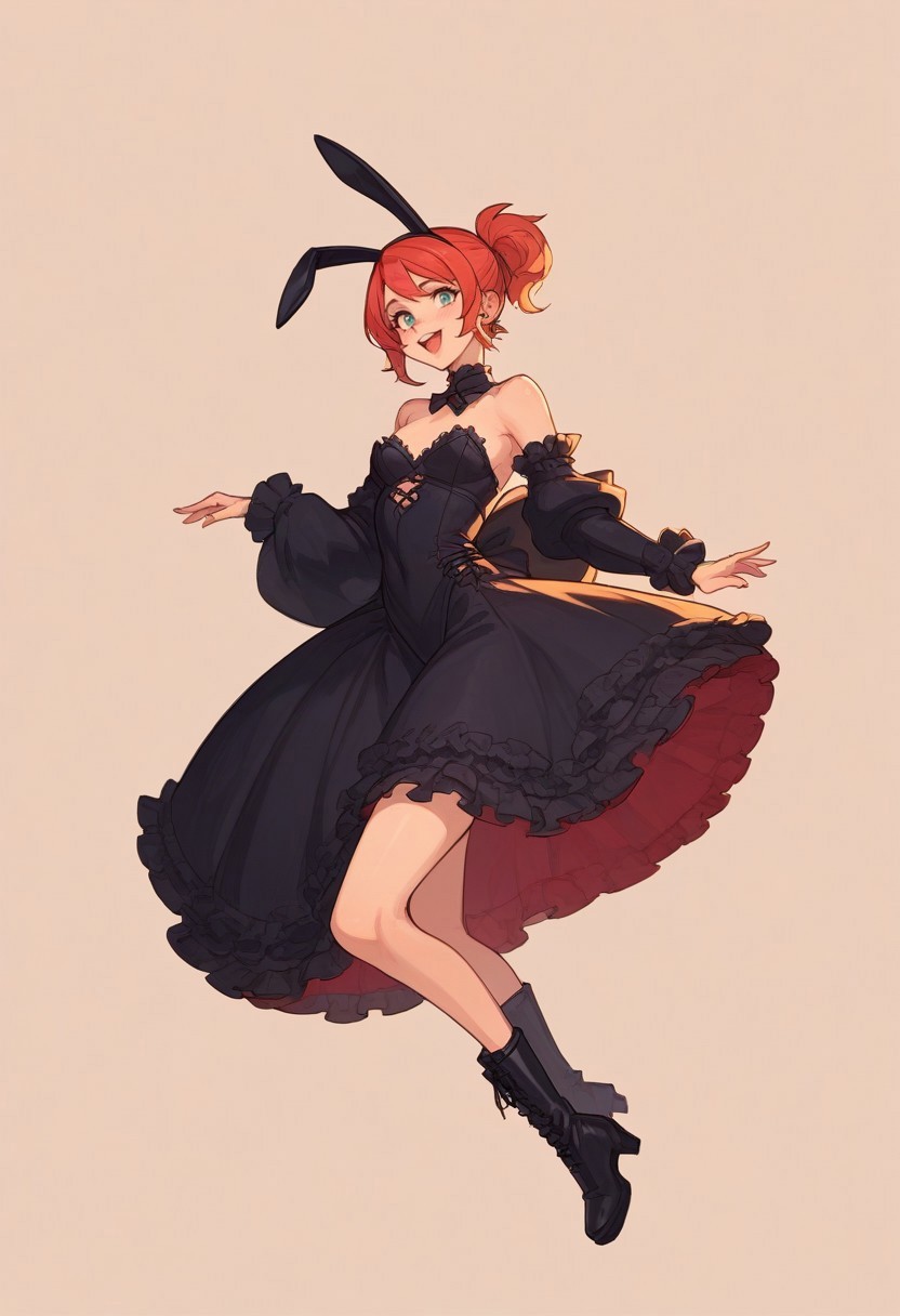 safe_pos, score_9, score_8_up, score_7_up, score_6_up, source_anime, 1girl, slim body, petite, small perky breasts, bunny ears, layered dress, lace-trimmed dress, short dress, plataform long boots, gothic style, lewd girl, detailed face, posing for picture, Amusement park background, 