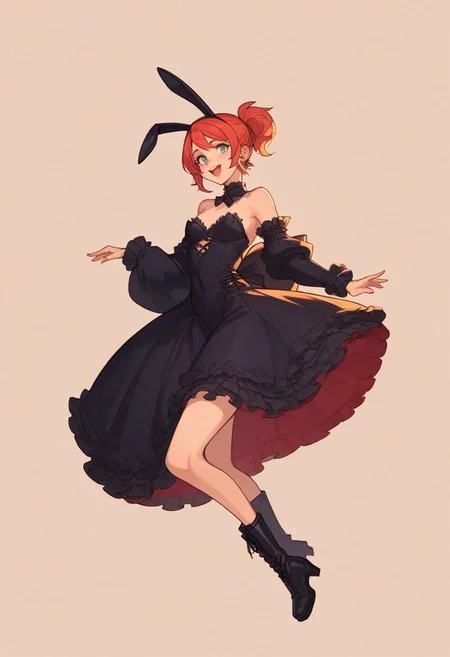 safe_pos, score_9, score_8_up, score_7_up, score_6_up, source_anime, 1girl, slim body, petite, small perky breasts, bunny ears, layered dress, lace-trimmed dress, short dress, plataform long boots, gothic style, lewd girl, detailed face, posing for picture, Amusement park background,