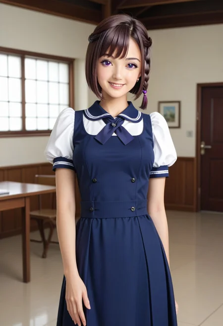 in monastery, (hand on waist, kimura manatsu, short hair, skirt, brown hair, shirt, single side braid hair, bob-cut, standing, school uniform, standing, purple eyes, white shirt, short sleeves, (blue pinafore dress), puffy sleeves, indoors, cowboy shot) 1girl, best quality, cowboy shot, seductive smile, Overall Detail, (slim, looking at viewer, young-adult), large breast, Fix hand <lora:Kimura_Manatsu_ATSK_Pony:1>