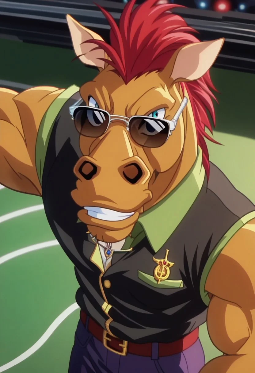 score_8, score_7_up, score_6_up, source_cartoon, screencap, detailed face, solo, 1boy, Stallion, Anthro, Anthropomorphic Animal, Muscular, Red Mohawk Hair, costume, sunglasses, smoking, looking at viewer, from above, cowboy shot, close up, serious, anime screencap, casino background
