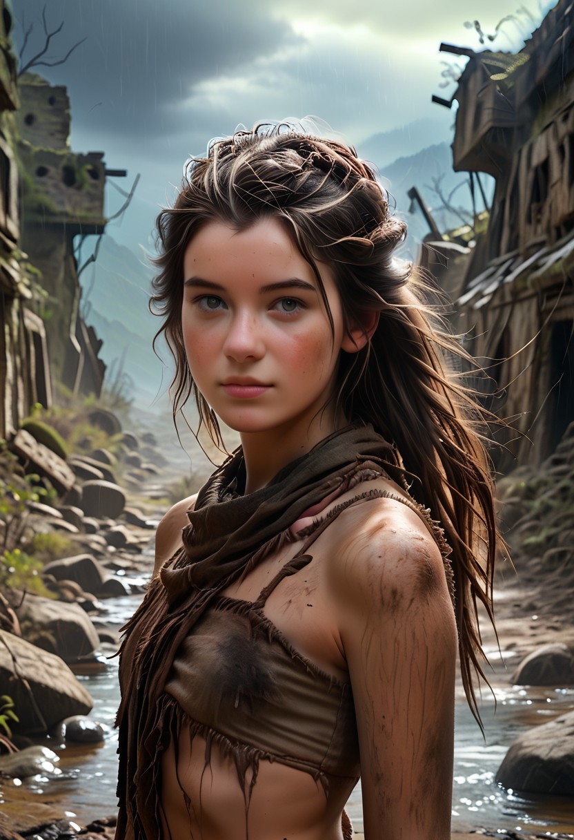 score_9, score_8_up, score_7_up,  1woman,  Masterpiece, 4k, ultra high detail, score_9, score_8_up, score_8, 21yo, medium_breast_size, long dark-brown ponytail hair, fcNeg, stunning grey-hazel eyes, freckles, white skin, medium build, dark-brown hair, very long wind blown hair 
dirty clothes, dirty face, junk armor, wastelander,
Dark sky with stormclouds, ash, raining Ash like dark snow, ruins, wasteland, cityruins, tribal_native_clothes,
End of the World, 
negative_hand, NightScapes,