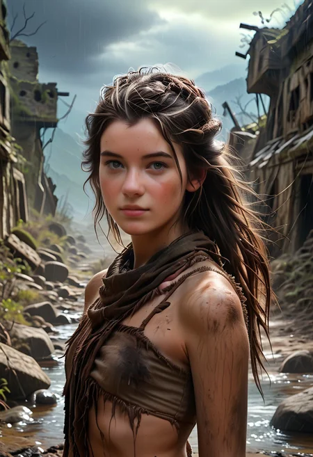 score_9, score_8_up, score_7_up, 1woman, Masterpiece, 4k, ultra high detail, score_9, score_8_up, score_8, 21yo, medium_breast_size, long dark-brown ponytail hair, fcNeg, stunning grey-hazel eyes, freckles, white skin, medium build, dark-brown hair, very long wind blown hair
dirty clothes, dirty face, junk armor, wastelander,
Dark sky with stormclouds, ash, raining Ash like dark snow, ruins, wasteland, cityruins, tribal_native_clothes,
End of the World,
negative_hand, NightScapes,
