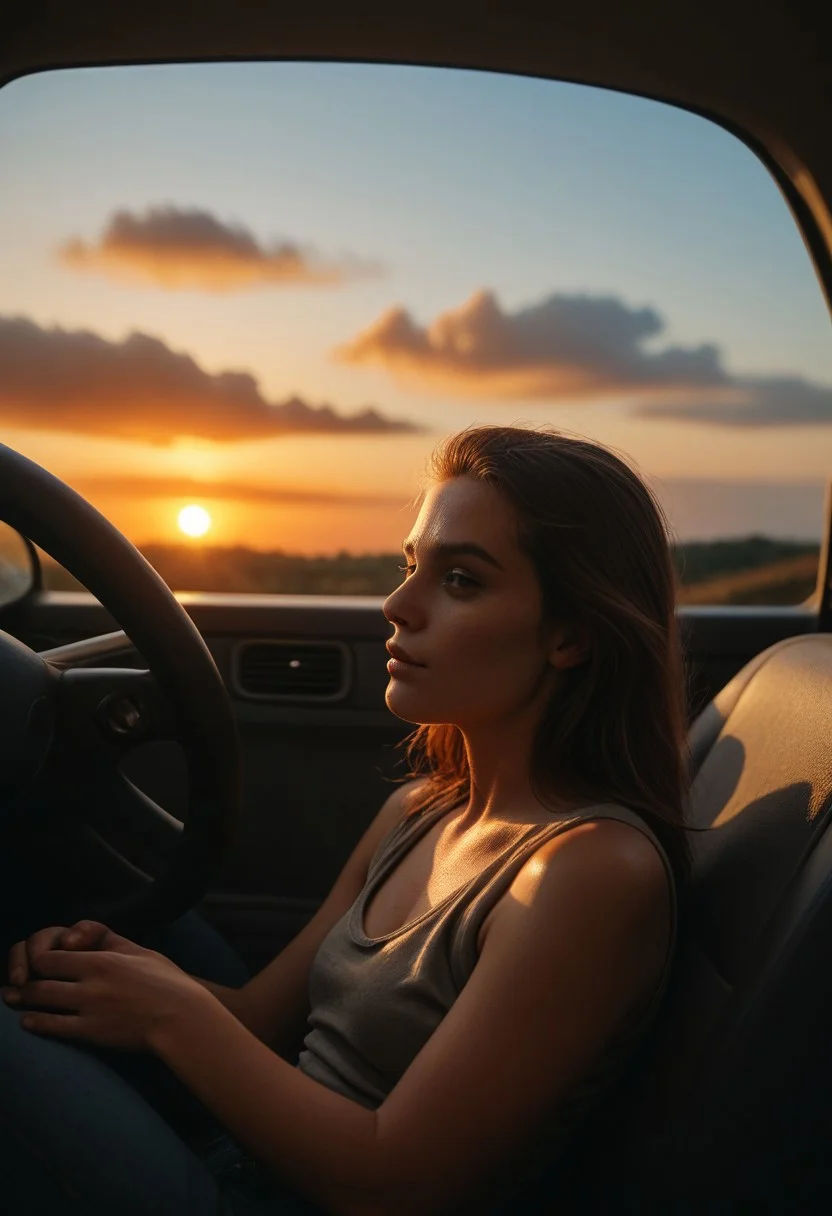 Score_PnyReal C4M3R403, no humans, sunset, reflection, cloud, sky, ground vehicle, seat, orange sky, motor vehicle, window, grainy, film photography