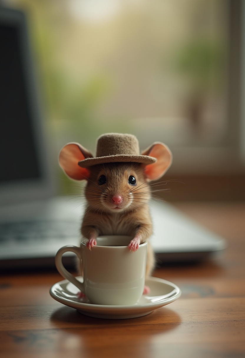 cute happy mouse with a hat holding a tiny cup of coffeeon your computer table with the text "Good Morning", cinematic grain, analog raw photo
