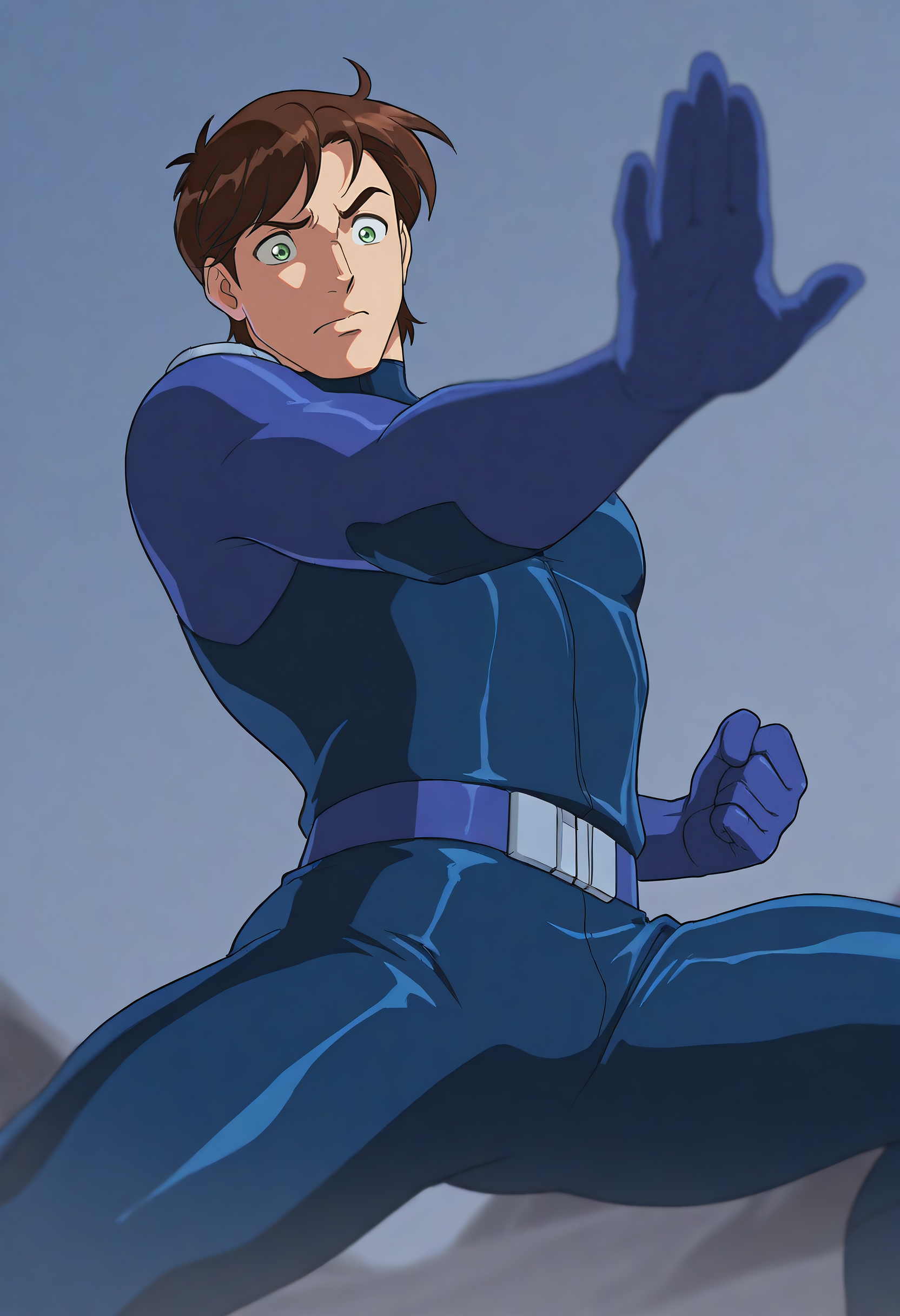 embedding:Illustrious\Positive\IllusP0s, embedding:Illustrious\Positive\IllustriousQual,1boy,1boy, male focus, solo, dean_ts!, brown hair, green eyes, bodysuit, dark blue catsuit, fighting stance, dynamic angle, dynamic pose, raised eyebrows, depth of field, best quality, high resolution, masterpiece.