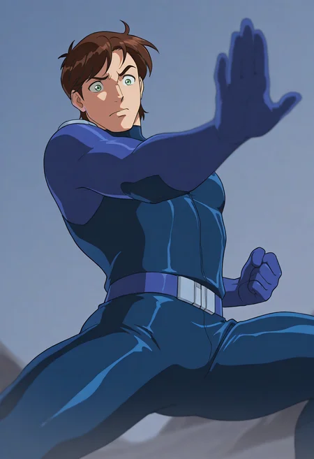 embedding:Illustrious\Positive\IllusP0s, embedding:Illustrious\Positive\IllustriousQual,1boy,1boy, male focus, solo, dean_ts!, brown hair, green eyes, bodysuit, dark blue catsuit, fighting stance, dynamic angle, dynamic pose, raised eyebrows, depth of field, best quality, high resolution, masterpiece.