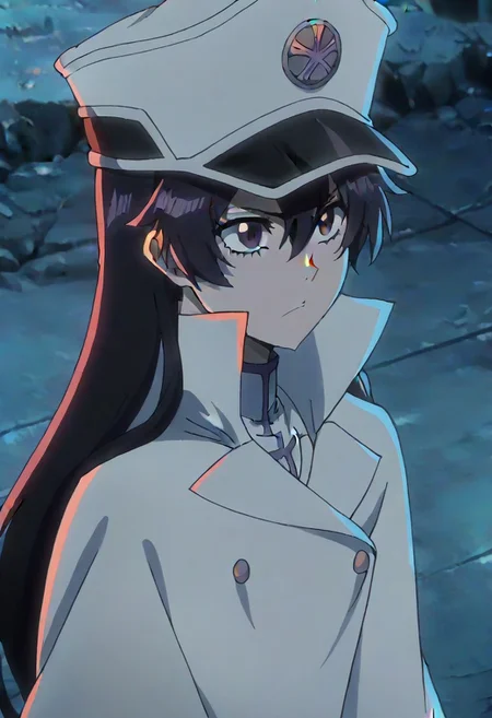 source_anime, anime screencap, anime coloring, nsfw, uncensored, <lora:Bambietta_Basterbine:1>Long hair, black hair, hair between eyes, dark purple eyes,, hat, peaked cap, white headwear, white gloves,