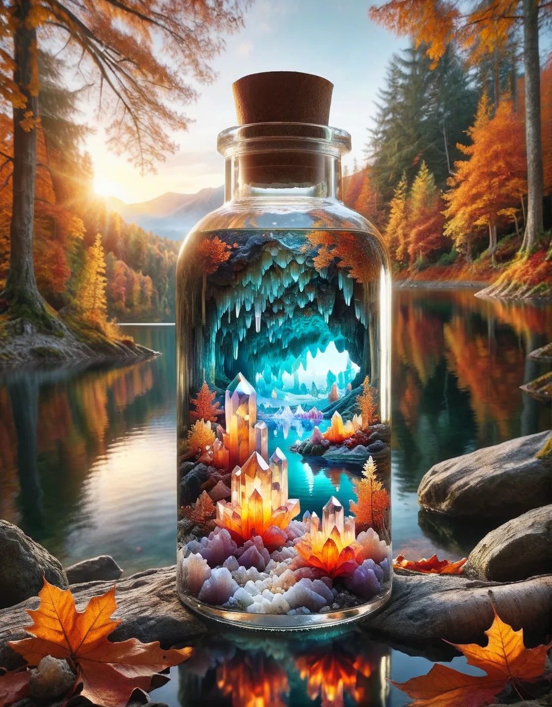 ais-bttl, inside bottle glowing crystal cave, outside bottle serene lake surrounded by autumn trees <lora:ais-bttl-sdxl:1>
