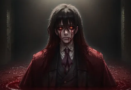 (score_9:0.9),score_8_up,score_7_up,rating_safe, anime style,(zPDXL), alucard \(hellsing\), red eyes, black hair, long hair, empty eyes, red coat, red ascot, white shirt, black vest, blood stained clothes, ((closed mouth)), BREAK
pond of blood,Reflections,bloody tears,Blood Bath,reflected in pond,reflected in blood, BREAK
Dark room, sitting curled up, curled up,