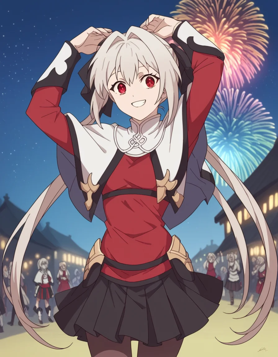 score_9, score_8_up, score_7_up, source_anime, <lora:lynneburg-clays-s1-ponyxl-lora-nochekaiser:1>, lynneburg clays, long hair, red eyes, twintails, grey hair, hair intakes, hair ribbon,, pantyhose, capelet, white capelet, dress, red dress, long sleeves, skirt, black skirt, pleated skirt,, festival, fireworks, summer night, food stall, traditional, arms up,, smile, , smile, solo,, cowboy shot, dutch angle