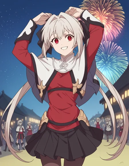 score_9, score_8_up, score_7_up, source_anime, <lora:lynneburg-clays-s1-ponyxl-lora-nochekaiser:1>, lynneburg clays, long hair, red eyes, twintails, grey hair, hair intakes, hair ribbon,, pantyhose, capelet, white capelet, dress, red dress, long sleeves, skirt, black skirt, pleated skirt,, festival, fireworks, summer night, food stall, traditional, arms up,, smile, , smile, solo,, cowboy shot, dutch angle