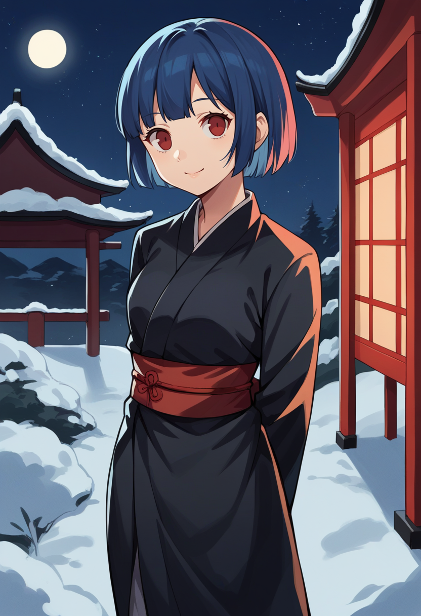 score_9, score_8_up, score_7_up, source_anime BREAK 1girl, solo,
<lora:zs_AikaXL:1> aikap4, short hair, blue hair, red eyes, black kimono, red sash
cowboy shot, smile, closed mouth, shrine, night, winter, hands behind back