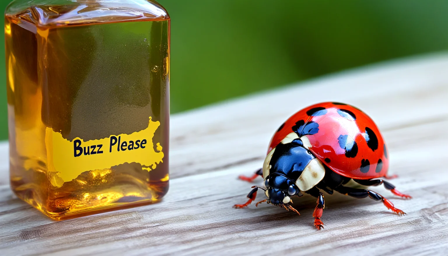 alien liquid ladybird, sign with text "buzz pleaseâ