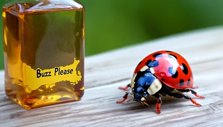 alien liquid ladybird, sign with text "buzz pleaseâ