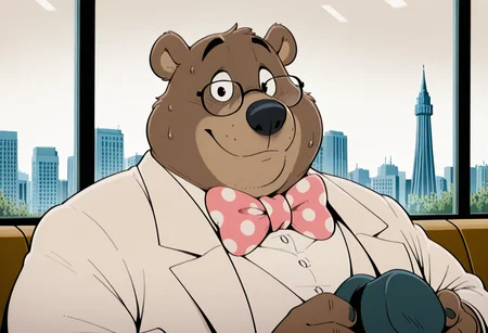 masterpiece, best quality, amazing quality, high resolution, absurdres, newest, Gr4fton,1boy, solo, smile, bear, no humans, polka dot bowtie, holding hat, furry male, formal suit, glasses, fat, upper body, city, sitting on bench,  looking at viewer, sweaty <lora:Grafton_the_Lawyer_Alfred_J_Kwak:.8>  <lora:NOOB_vp1_detailer_by_volnovik_v1:1>