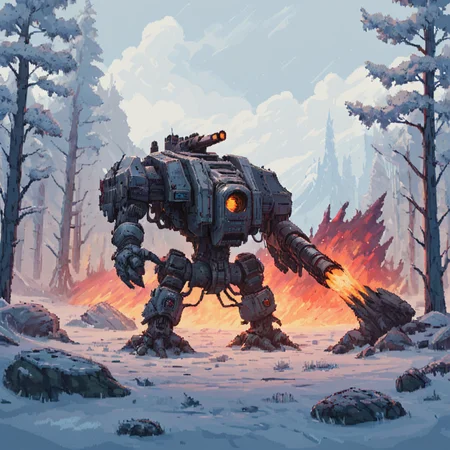 a four meter tall non-binary themed drdnght machine with heavy gun and rocket pod walks through icy tundra searching for enemies who hide behind frozen trees and boulders waiting in ambush, fire and flames spit from its flamethrower,