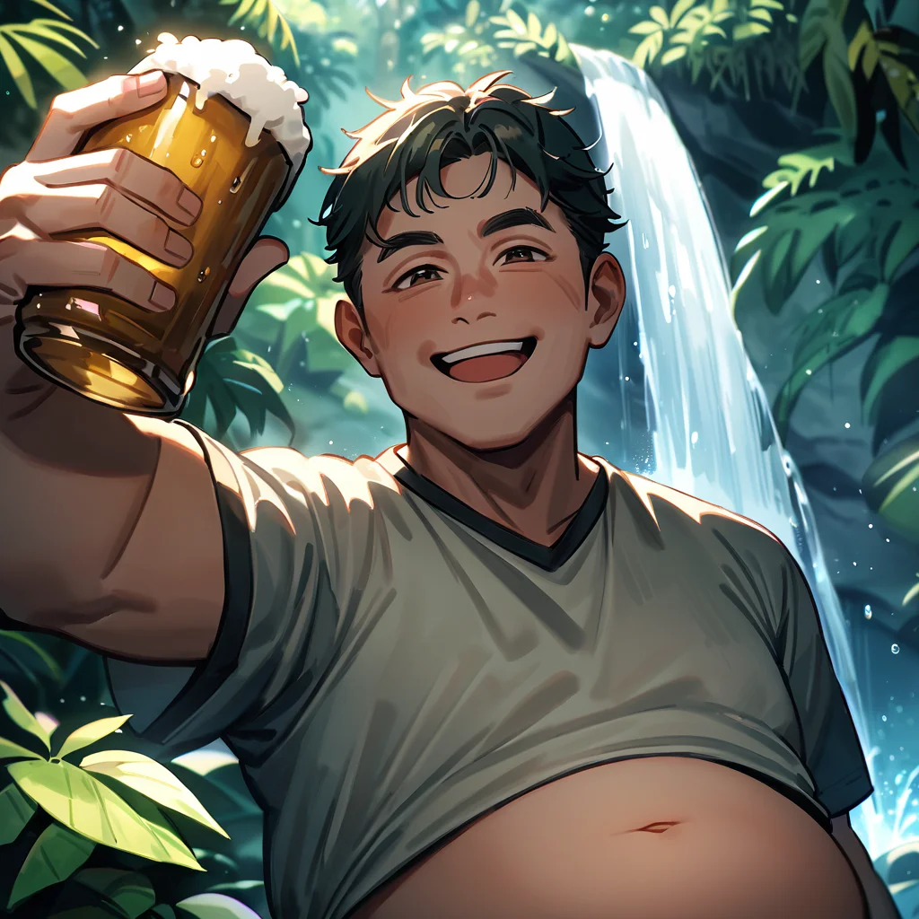 best quality, 1boy, man with beer belly, ,selfie,lush rainforests of Costa Rica are home to exotic wildlife and stunning waterfalls,Fujicolor Pro 400H,Gel lighting