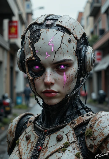 Amidst the decaying concrete of a forgotten alley, a forsaken humanoid machine stands eerily still—its face a shattered ceramic shell, the left side revealing a cavernous industrial eye socket pulsing with sickly magenta light, while the right remains a smooth, featureless void save for a thin slit of a mouth frozen in eternal silence. Exposed circuitry weaves across its torso like cybernetic veins, some wires severed and sparking intermittently, others swallowed by creeping emerald moss that festers at its joints. Behind its back, its hands clench into fists, knuckles of rusted hydraulics whining faintly with suppressed motion. Across its fractured visage, neon glyphs flicker erratically—glitching between Cyrillic warnings and fragmented kanji—as if the machine is trapped in a loop of dying thoughts. Above, the sky churns with impending storm, the first cold droplets of rain hissing as they strike its overheating chassis. This is no guardian. This is something that was left behind., fg<lora:Flux/Stylized-Super-Texture.safetensors:0.5000000000000001:0.5000000000000001> <lora:Flux/It's a LoRA for portraits, BUT! actually specialized in backgrounds. v1.0.safetensors:0.25000000000000006:0.25000000000000006> <lora:CustomFlux/MysticRealism.safetensors:0.7500000000000001:0.7500000000000001>