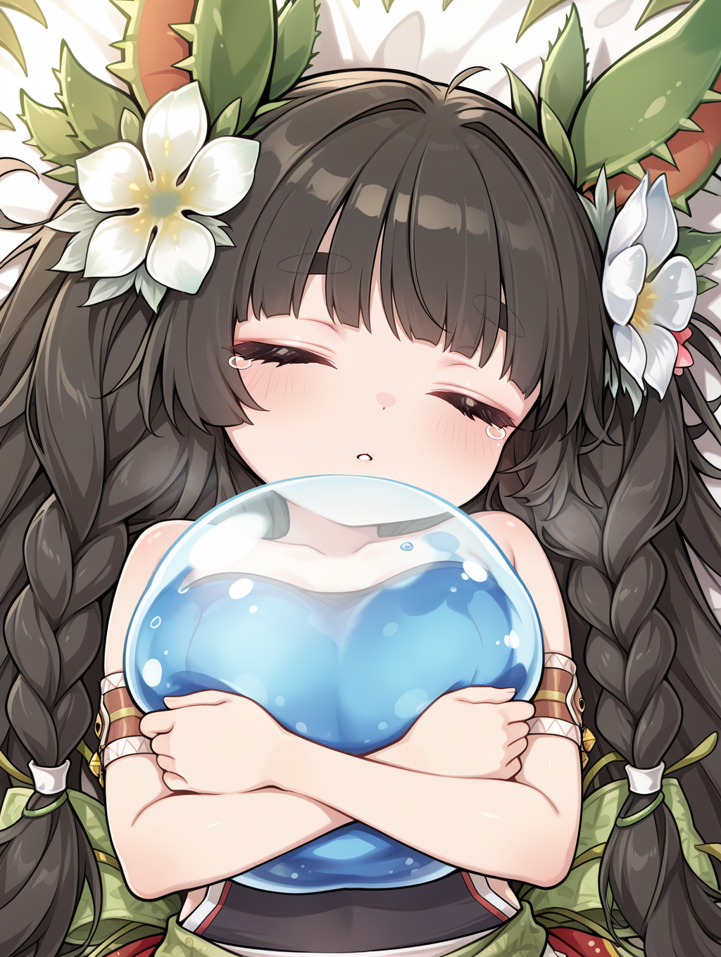 chibi,traptrix dionaea,1girl,solo,vines,blush,hugging slime,thick eyebrows,looking at viewer,plant,sleeping,nature,upper body,tears,chibi,venus flytrap,in venus flytrap,venus flytrap ears,plant girl,white hair flower,red armband,green back bow,white strapless shirt,white skirt,twin braids,
masterpiece,best quality,amazing quality,very aesthetic,absurdres,newest,<lora:Traptrix Dionaea illuXL v1.1:0.82>,