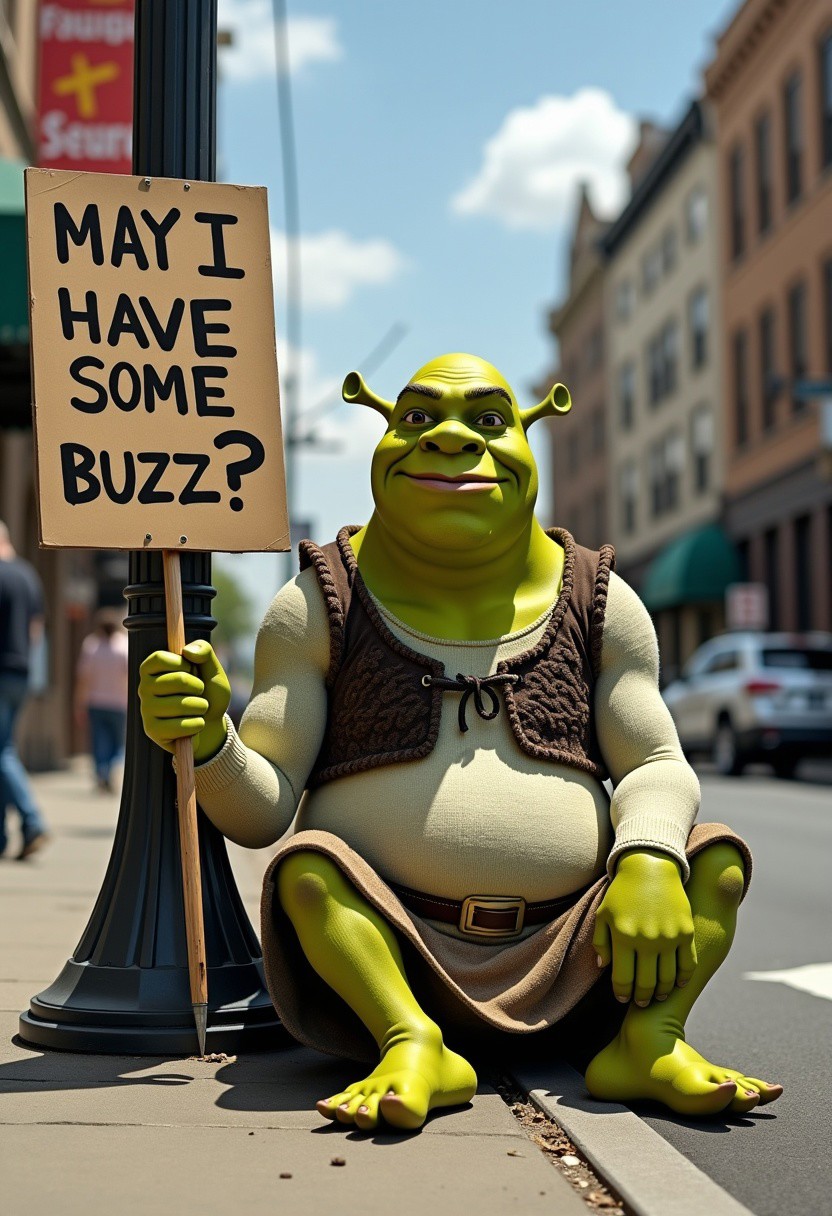 Surrealism - Shrek As A Homeless Orge Holding A Sign That Says 'May I Have Some Buzz?' while sitting on a New Tejas Street Corner