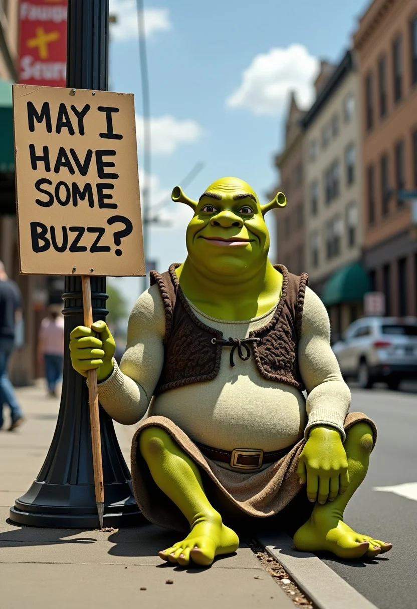 Surrealism - Shrek As A Homeless Orge Holding A Sign That Says 'May I Have Some Buzz?' while sitting on a New Tejas Street Corner