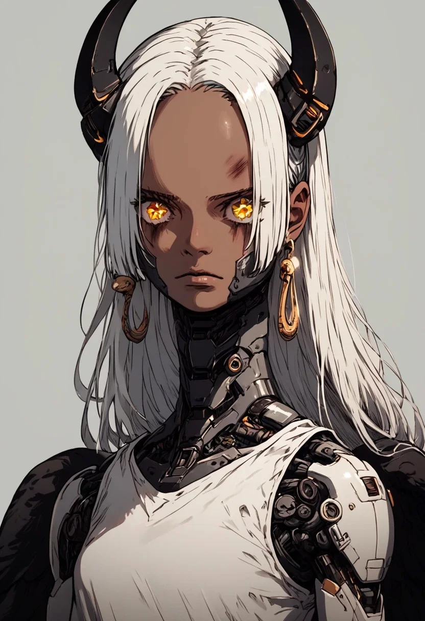 score_9,score_8_up,score_7_up, solo, 1head, helmet,
S-Snake, 1girl, dark-skinned female, white hair, long hair, star-shaped pupils, earrings, black wings, feathered wings,white dress, sleeveless,
, glowing, ram horns, robot, mecha, beaten brown cloak, science fiction, cyborg, mechanical parts, humanoid robot, science fiction, sinozick style, flat color, dark theme, Expressiveh, l0g0, simple background