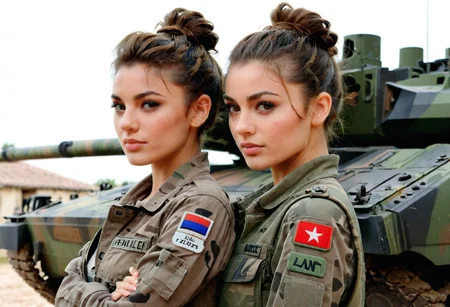 French, french badge, female soldier, brunette, messy bun, camo military fatigues, camo military fatigues, outdoor, barracks, LECLERC tank, loving gaze