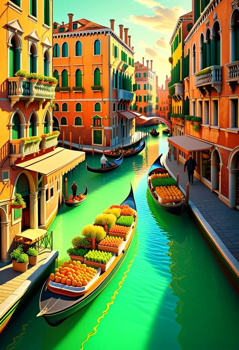 ispzxll, no humans, dioramaplant, isometric, miniature, Chiaroscuro Lighting Style, futuristic venice building street scene, seaform-green and pale-orange pastel colors, golden hour, long shadows, volumetric lighting style, pedestrian crowds, fruit stands, boats in canals, storefronts, epic architecture, intricate details, potted plants, ultra-detailed, 8k, fluffy clouds
