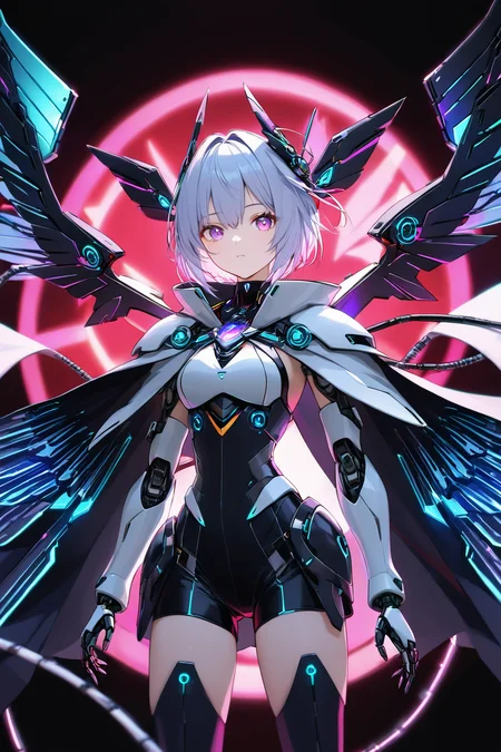 Jed-rbt, seraph, 1girl, cinematic angle, :3, looking at viewer, scifi hair ornaments, energy hair, brooch, sleeve, cape, mechanical wings, screws, cables, led lights, glowing, Futuristic, chromatic aberration, Kawaii, [(blue-white background:1.2)::0.2], (neon luminescence background:1.2), illustration, incredibly absurdres, ultra detailed, masterpiece, best quality,[<lora:detailed_notrigger:0.95>::0.5], [:<lora:detailed_hands:1.05>:0.5],<lora:RoboStyle:1>