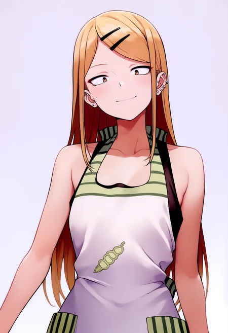 masterpiece, best quality, very aesthetic, absurdres,
1girl, sayaendo, brown eyes, blonde hair, long hair, hairclip, ear piercing, apron,
upper body, smile, looking at viewer, solo, simple background, white background, <lora:SayaEndoNoobXL_byKonan:1>