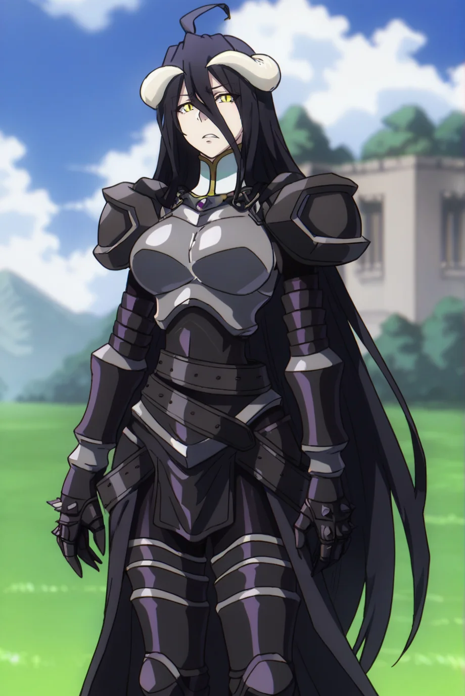 score_9, score_8_up, score_7_up, score_6_up, score_5_up, score_4_up, BREAK source_anime, 1girl, solo,
<lora:AlbedoXL-v4-07:0.7>, ChopioAlbedo, black hair, very long hair, hair between eyes, demon horns, yellow eyes, slit pupils, ahoge, looking at viewer,
large breasts,
outfit_2, black armor, shoulder armor, boobplate, gauntlets, black belt, greaves, waist cape, sabatons,
outdoors, grass, field, standing, serious, angry, parted lips,
