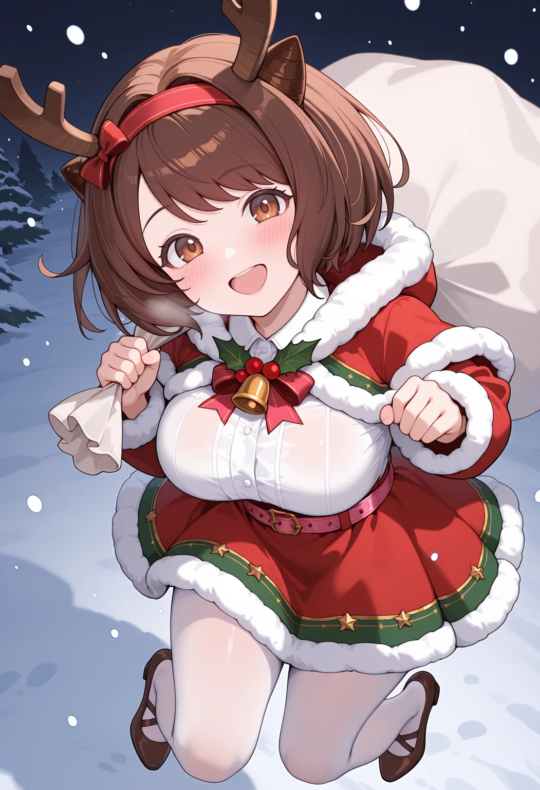 highres, best quality, masterpiece,
1girl, solo, gbfyaia, brown hair, short hair, hairband, draph, brown eyes, large breasts,
yaiaxms, red hairband, striped hairband, red bow, hair bow, red capelet, white shirt, antlers, santa costume, red dress, fur trim, pink belt, collared shirt, white shirt, white pantyhose,
blush, smile, head tilt, open mouth,
jumping, brown footwear, pumps, holding sack, open mouth, from above, snow, night,
<lora:_yaia_gbf-elesico-ilxl:1>