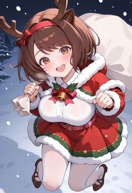 highres, best quality, masterpiece,
1girl, solo, gbfyaia, brown hair, short hair, hairband, draph, brown eyes, large breasts,
yaiaxms, red hairband, striped hairband, red bow, hair bow, red capelet, white shirt, antlers, santa costume, red dress, fur trim, pink belt, collared shirt, white shirt, white pantyhose,
blush, smile, head tilt, open mouth, 
jumping, brown footwear, pumps, holding sack, open mouth, from above, snow, night,
<lora:_yaia_gbf-elesico-ilxl:1>