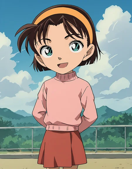 score_9, score_8_up, score_7_up, score_6_up, score_5_up, score_4_up, source_anime, <lora:AyumiY_T2V1:0.85>, <lora:sdxl_lightning_8step_lora:1>, 
anime screencap, 1girl, solo, 
AyumiY_T2V1, female child, chibi, brown hair, short hair, forehead, bangs, aqua eyes, orange hairband, flat chest, 
pink sweater, turtleneck sweater, long sleeves, red skirt, miniskirt, 
arms behind back, head tilt, 
looking at viewer, smile, open mouth, :d, 
outdoors, blue sky, cloud, day, cowboy shot,